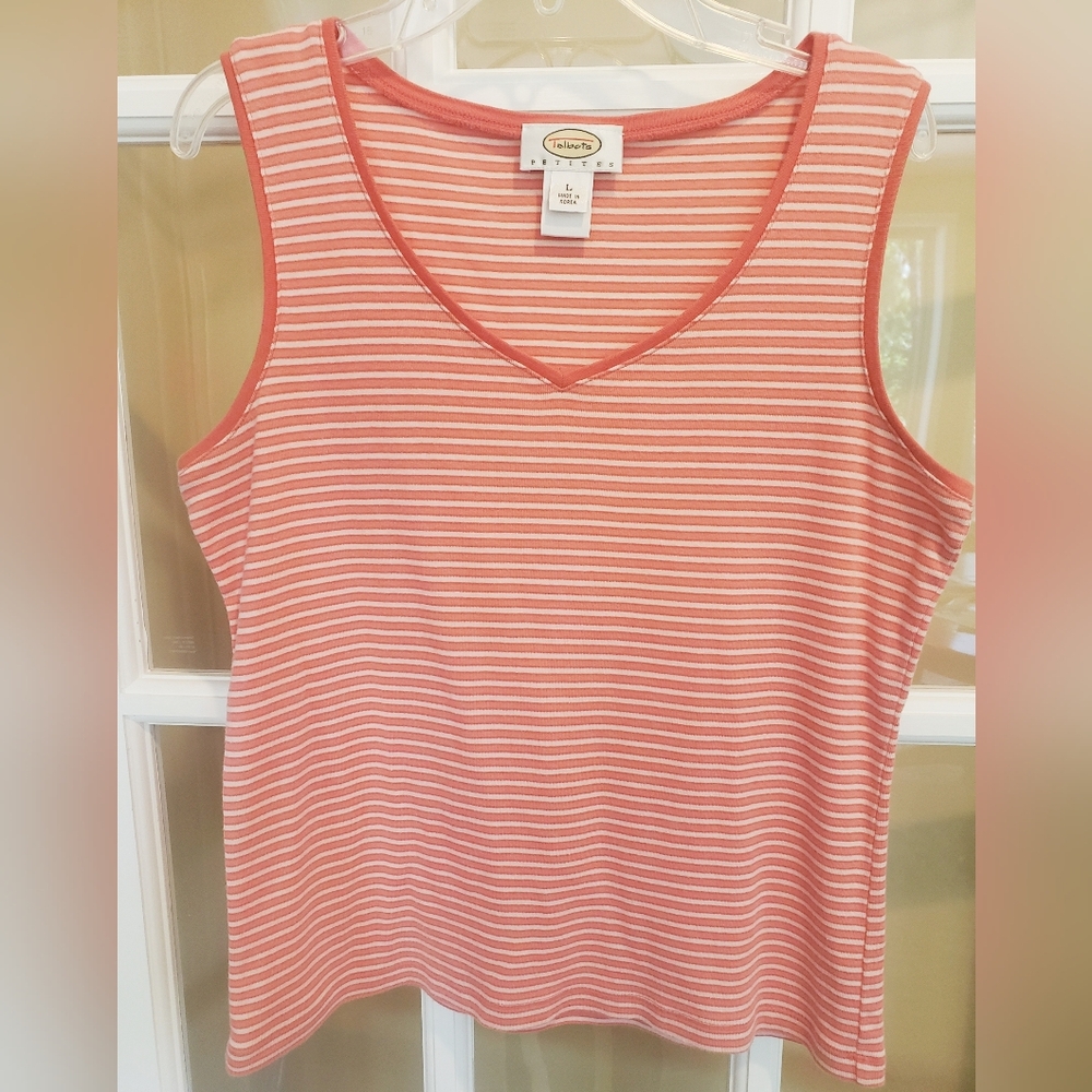 Talbots Coral and White Striped V-Neck Tank Top Size: LP
